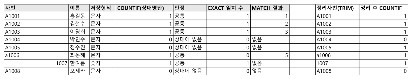 TRIM으로 공백을 뗀 뒤 다시 센 결과. A1005 가 공통으로 돌아왔다