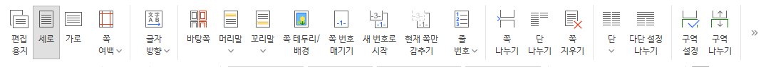 한글 2022 [쪽] 탭의 단추들. 쪽 번호 매기기, 새 번호로 시작, 현재 쪽만 감추기가 가운데에 있다.