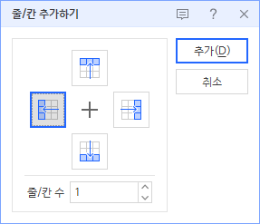 줄/칸 추가하기 대화상자. 위·아래·왼쪽·오른쪽 방향 아이콘과 줄/칸 수 입력칸.