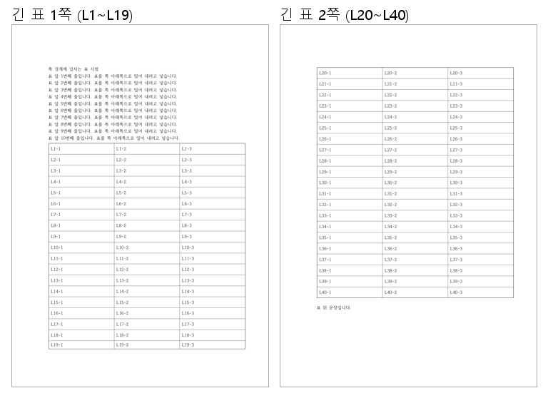 긴 표가 두 쪽에 걸친 PDF. 1쪽에 L1~L19, 2쪽에 L20~L40.