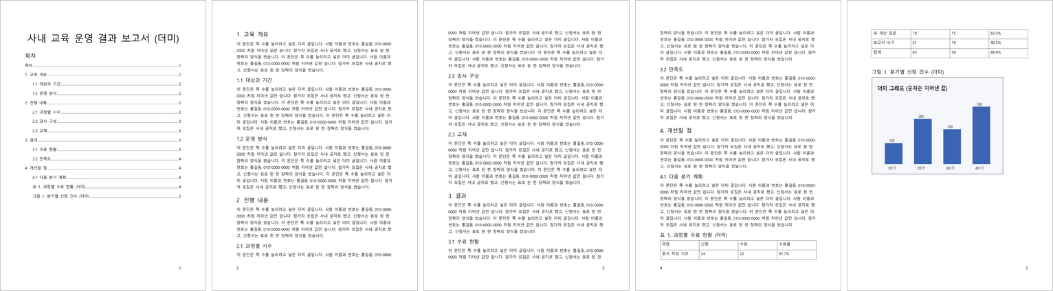 다섯 쪽짜리 더미 보고서. 1쪽 목차, 2~4쪽 본문, 4쪽 표, 5쪽 그림, 쪽마다 아래에 쪽 번호.